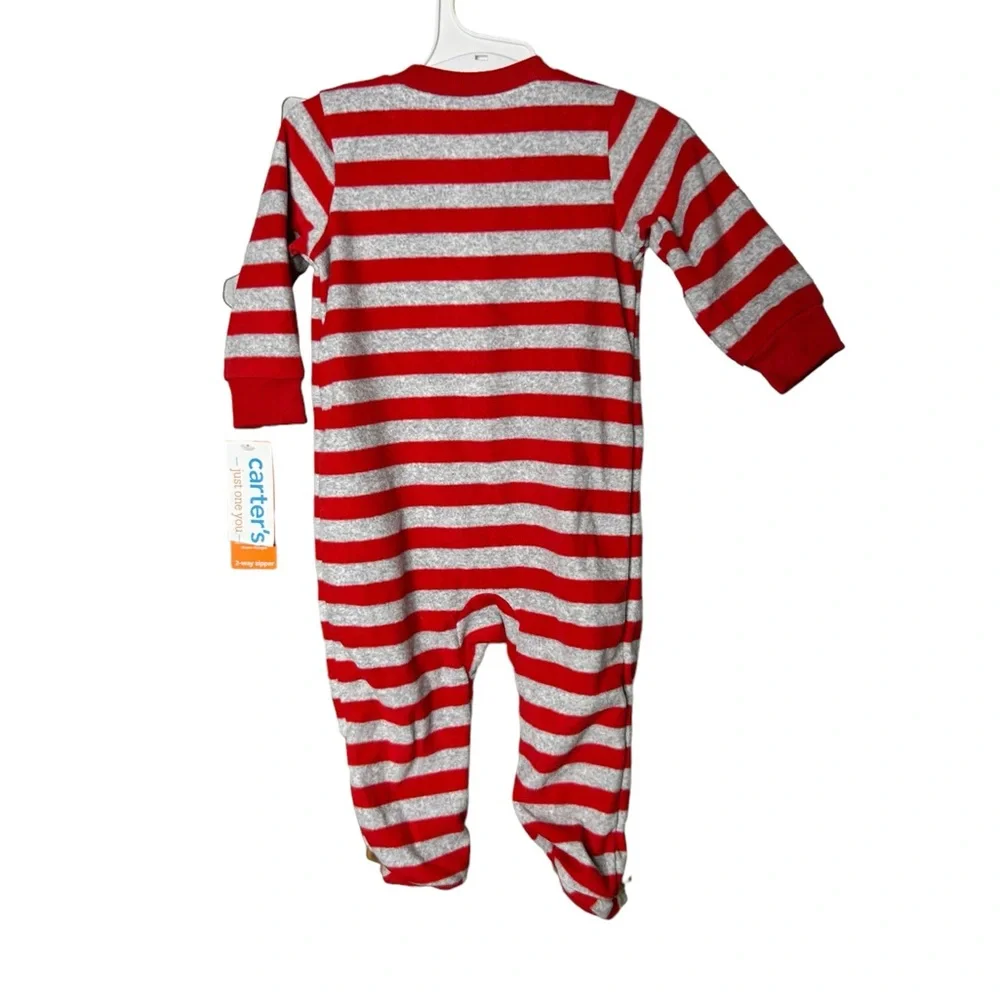 NWT Carter's Baby Red & Gray Striped Reindeer Theme Christmas Sleeper